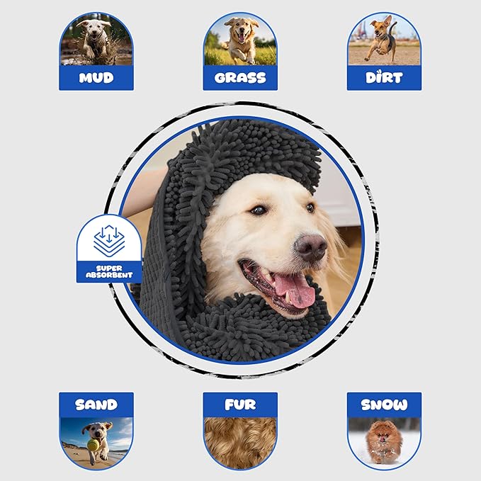 EDENATURE Microfiber Dog Bath Towel – Super Absorbent Dog Towels for Drying Dogs Large & Small, Quick Dry Pet Towel with Hand Pockets, Soft & Durable Puppy Towel, Machine Washable – Black