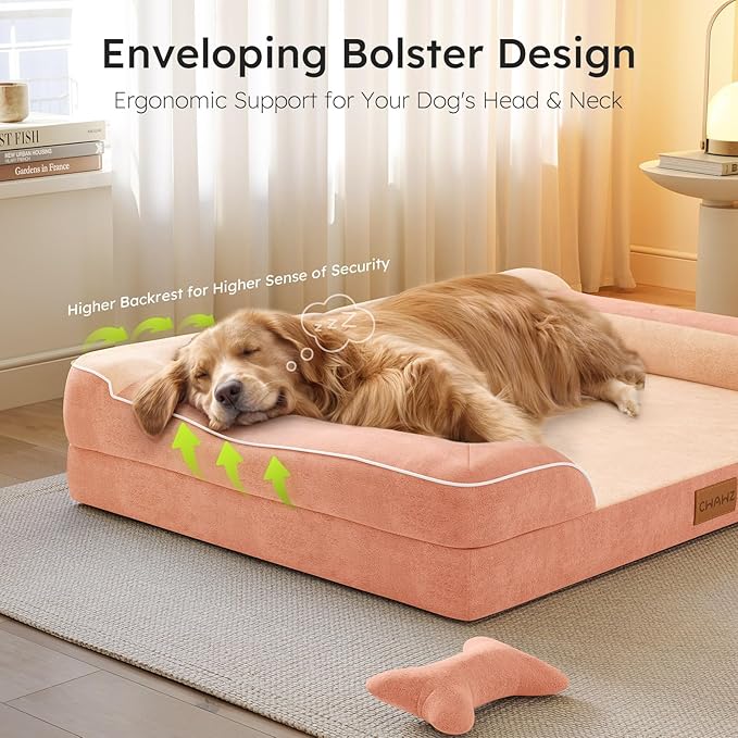 CWAWZ Dog Beds for Large Dogs, Orthopedic Dog Bed with Cooling Gel Memory Foam, Waterproof Large Pet Bed with Removable Washable Cover, 36" Pet Sofa Couch Dutch Velvet with Bone Toy, Peach Pink