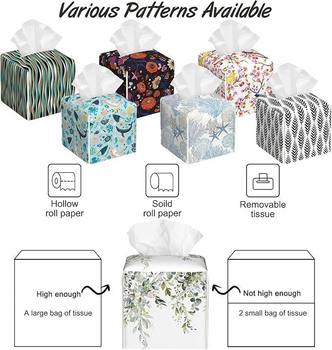 Watercolor Floral with Leaves Tissue Box Cover Square,Tissue Box Holder with Belt Bottom,Stylish Leather Napkin Holder for Vanity Countertop,Nightstands,Office Desk,5.2"×5.2"×5.2"