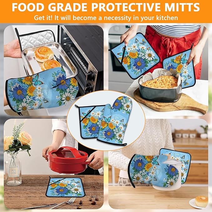 Sunflower Butterfly Oven Mitts and Pot Holders Sets 4Pcs,Extra Long Oven Gloves Potholder for Kitchen Cooking Baking BBQ 100% Cotton Heat Resistant