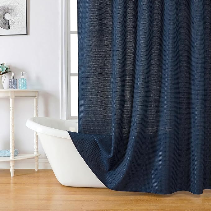 meioro Navy Blue Shower Curtain, Waffle Weave 256GSM Heavy Duty Textured Fabric Shower Curtains for Bathroom Hotel Spa, Luxury Weighted Polyester Cloth Bath Curtain Set with 12 Hooks, 72Wx84H