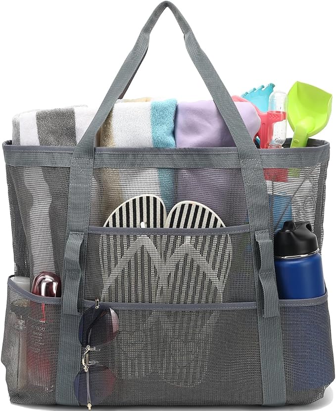 Fammart Mesh Beach Bag, Large Beach Tote with Zipper Pocket for Family Pool Bag for Toys & Vacation Essentials