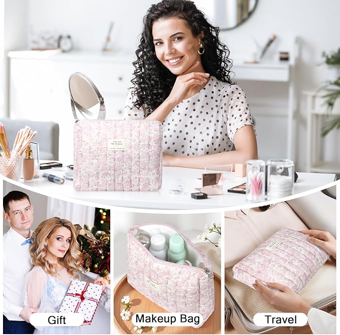 Gosect 2PC Makeup Bag Set, Cute Cosmetic Bag for Women Girls, Floral Coquette Aesthetic Toiletry Bag, Travel Make Up Organizer Bag (Pink Rose)