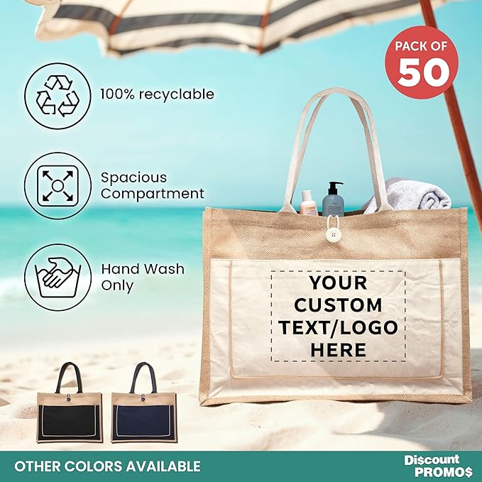 DISCOUNT PROMOS Custom Jute Tote Bags with Cotton Pocket Set of 50, Personalized Bulk Pack - Reusable, Great for Picnic, Camping, Beach, Outdoor Activities - Natural