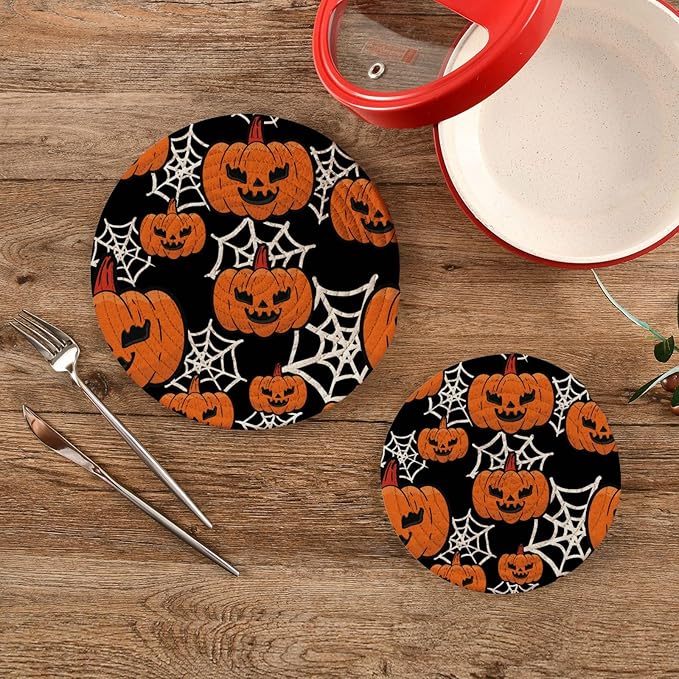 Boccsty Halloween Spider Web Pumpkins Trivet Mat 2PCS Trick Or Treat Round Woven Potholders Kitchen Table Countertop Protector Hot Pads Farmhouse Coasters Counter Mats for Cooking Baking