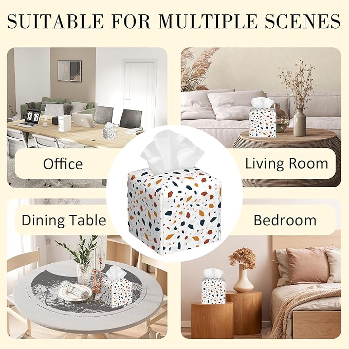 POIUBLE Leather Tissue Box Holder Terrazzo Tile Tissue Box Cover Square Waterproof Tissue Holder Organizer Modern Napkin Holder for Bedroom Dresser Night Stand Office Desk