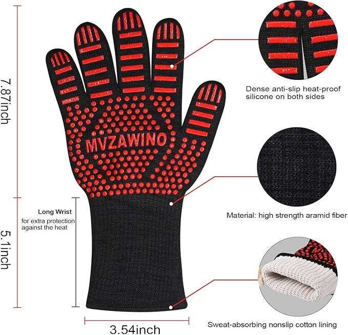 Premium BBQ Gloves, 1472°F Extreme Heat Resistant Oven Gloves, Grilling Gloves with Durable Fireproof Kitchen Oven Mitts Designed for Cooking, Grill, Frying, Baking, Barbecue (red+Black)