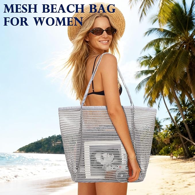 Fammart Mesh Beach Bag, Large Beach Tote with Zipper Pocket for Family Pool Bag for Toys & Vacation Essentials