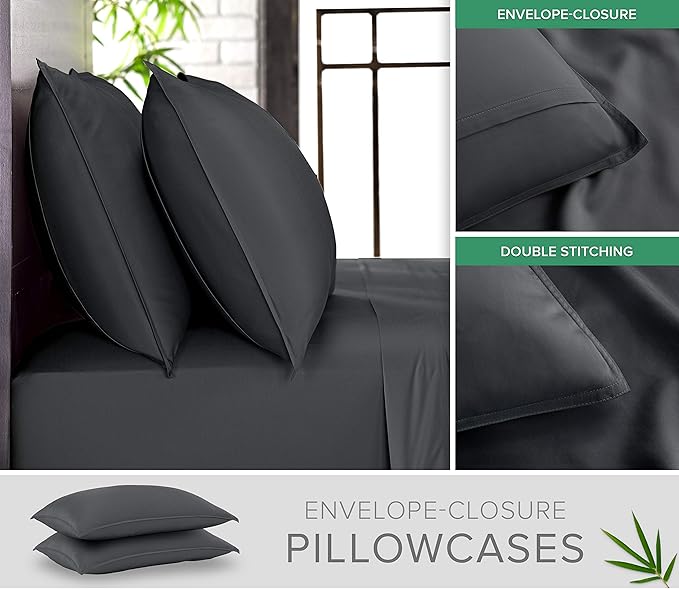 Pure Bamboo Twin Sheets, Genuine 100% Organic Viscose Derived from Bamboo Bed Sheet Set, Luxuriously Soft & Cooling, Double Stitching, 2 Year Quality Promise (Twin, Charcoal)