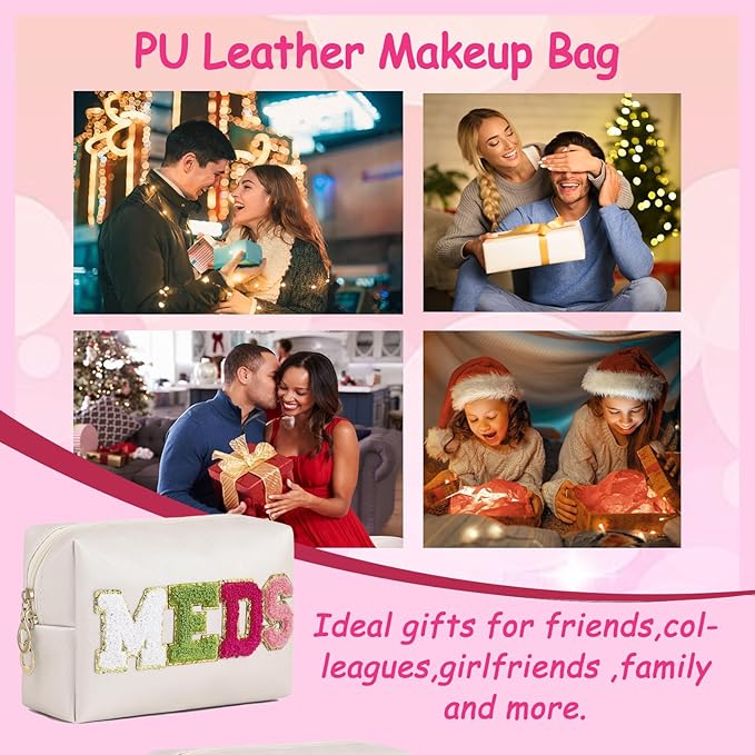 uekeboag PU Leather Medicine Bag with Zipper,Cute Chenille Letter Patches Travel Toiletry Meds Pouch for Women Girls, Daily Use Portable Organizer Cosmetic Bag (Beige- Colorful -MEDS)