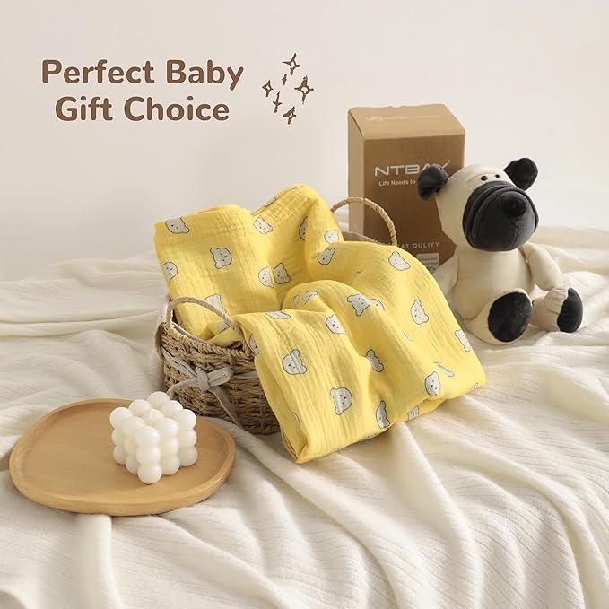NTBAY 4 Layer Muslin Cotton Toddler Blanket, 30x40 Soft and Breathable Receiving for Newborns and Infants, Perfect for Crib, Stroller, Travel, Lightweight Nursery Blanket, Honey Bear