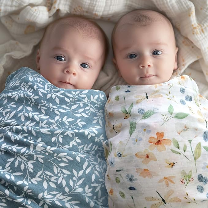 LifeTree Baby Swaddle Blankets, Boys Girls Muslin Swaddling Wrap Receiving Blanket for Newborn, 70% Viscose from Bamboo and 30% Cotton, Large 47" x 47", Blue Floral and Leaf