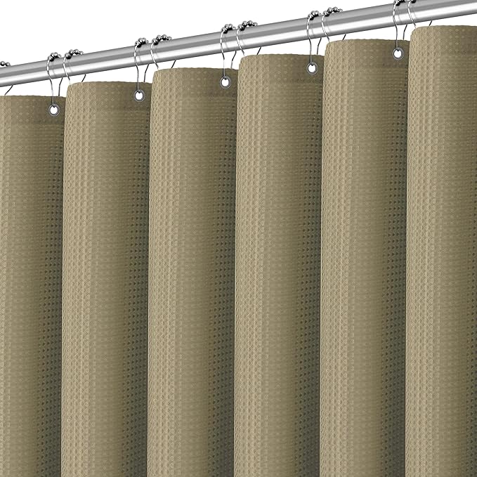 PANGSINNE Taupe Fabric Shower Curtain for Bathroom Stall, 60 inche Waffle Weave Machine Washable Waterproof 256GSM Heavy Duty Weighted Bath Curtain Set with 10 Metal Hooks, 60Wx72H