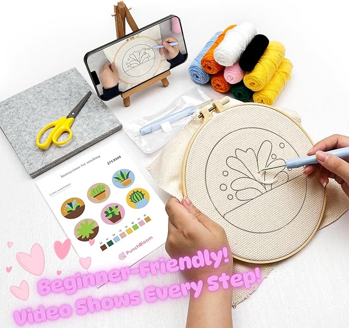 Punch Needle Coaster Kit for Adults Beginners, Easy Punch Embroidery Starter Set with Instructions – Fun Mug Rug Making Kit for Table Decor & Festival DIY Gifts (6pcs Succulent Plants)