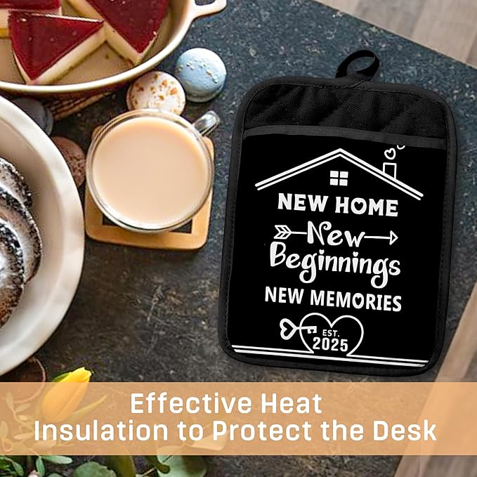 Housewarming Gifts Pot Holders with Pockets, New Home New Beginnings Memories Oven Pot Holders Heat Resistant Oven Mitts Hot Pads for Kitchen Baking Cooking