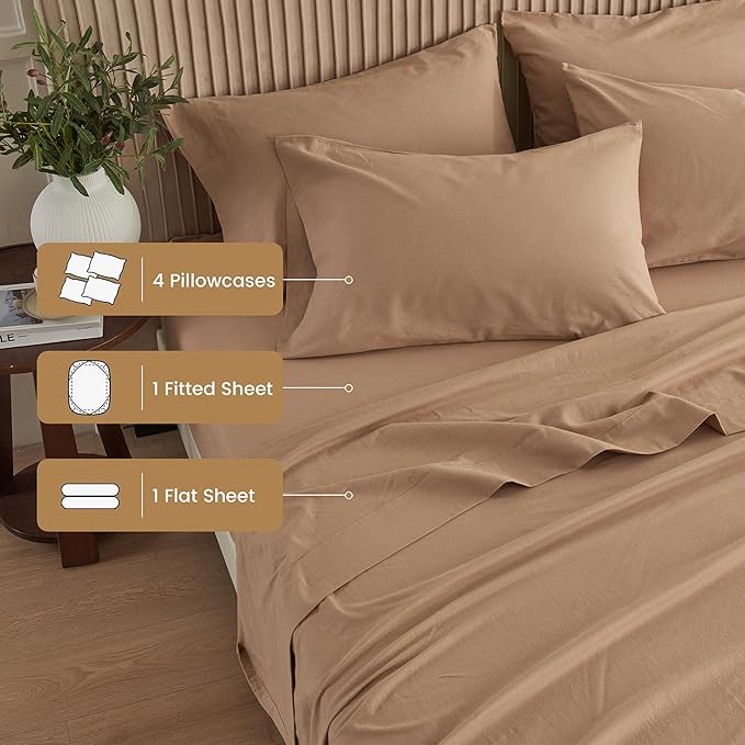 Simple&Opulence Belgian Linen Sheet Set Solid Color - 6 Pieces (1 Flat Sheet & 1 Fitted Sheet & 4 Pillowcases) 16" Deep Pocket Natural Flax Cotton Blended Soft Bedding - Clay, California King