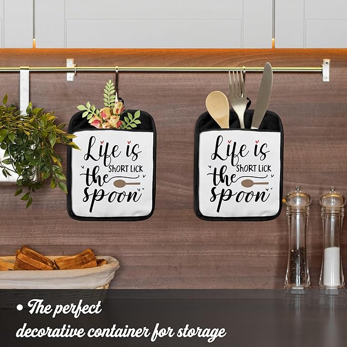 Funny Pot Holders with Pockets, Life is Short Lick The Spoon Funny Kitchen Gifts Pot Holders Heat Resistant Oven Mitts Hot Pads for Kitchen Baking Cooking,Potholders for Kitchens