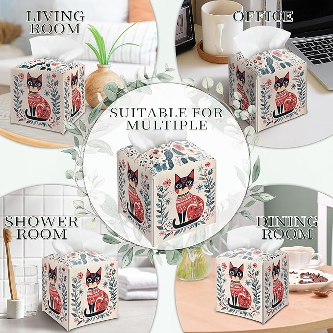 Cat Tissue Box Holder, Nordic Cat Leather Tissue Box Cover Square, Paper Napkins Everyday Dispenser Accessories for Bathroom Vanity Countertop Night Stands Kitchen Office Car Home Decor