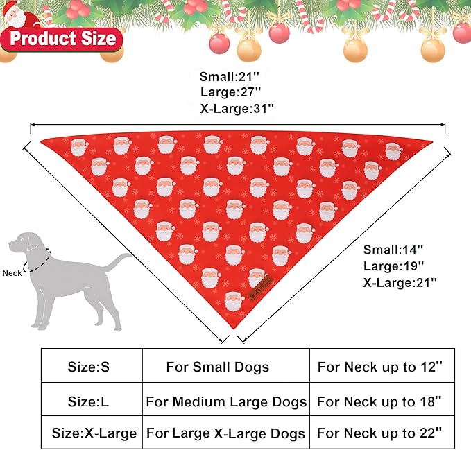 ADOGGYGO Red Christmas Dog Bandanas, Santa Reindeer Print Pet Scarf, Premium Durable Fabric, Red Christmas Bandanas for Extra Large Dogs (X-Large)