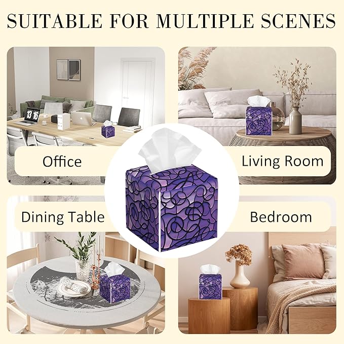 POIUBLE Abstract Purple Stained Glass Tissue Box Cover Leather Tissue Box Holder Square Facial Paper Organizer Dispenser for Bathroom Kitchen Bedroom Vanity Countertop Night Stands