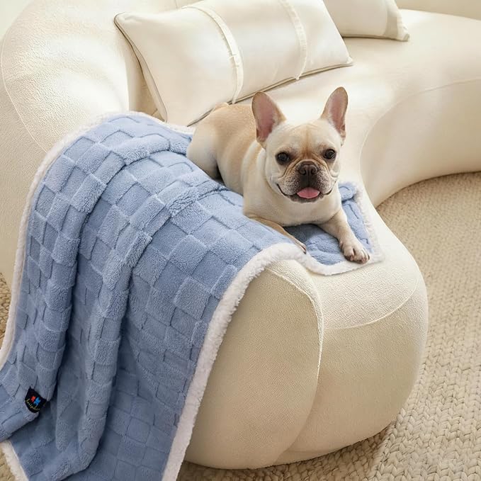 Luciphia Waterproof Dog Blanket for Large Dogs Washable Soft Sherpa Fleece Cat Blankets with 3D Jacquard Cozy Calming Reversible Bed Couch Protector Furniture Protection for Pet,Blue White, 65x57 inch