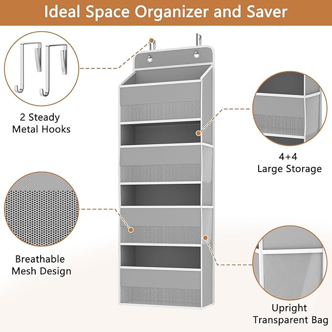 Kaitiemoo 1 Pack 4-Tier Over the Door Organizer, Heavy-Duty Large Deep Pocket Hanging With 4 Large Front & 4 Side Pockets With for Pantry, Kitchen, Bathroom, Dorm, Grey