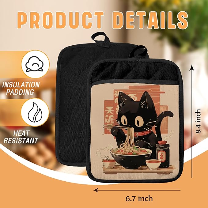 Japanese Sushi Ramen Black Cat Pot Holders with Pockets, Cat Kitchen Decor, Vintage Japanese Kitten Oven Pot Holders Heat Resistant Oven Mitts Hot Pads for Kitchen Baking Cooking, Set of 2