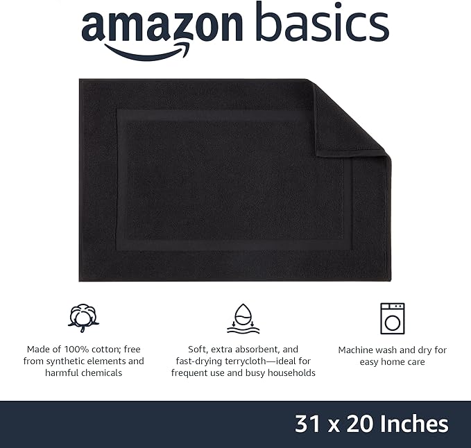 Amazon Basics Banded Bathroom Bath Rug Mat, 31 inches L x 20 inches W, Black