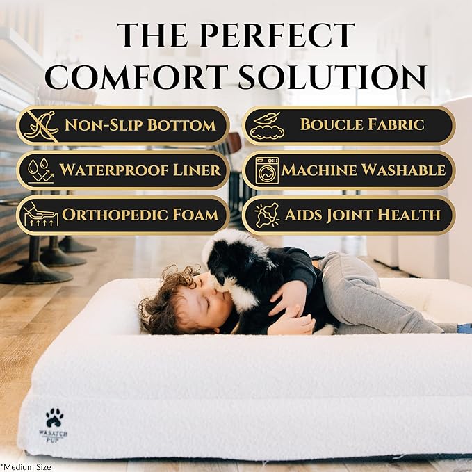 Wasatch Pup Luxury Boucle Fabric Orthopedic Large Dog Bed with Memory Foam | Breathable Comfort and Washable Dog Couch Bed with Waterproof Liner & Cover | Ideal Pet Beds for Big Dogs - Bone (45"x36x7)