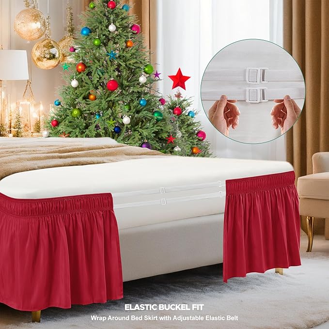 Biscaynebay Wrap Around Bed Skirts for Queen Beds 15" Drop, Red Adjustable Elastic Dust Ruffles Easy Fit Wrinkle & Fade Resistant Silky Luxurious Fabric Machine Washable