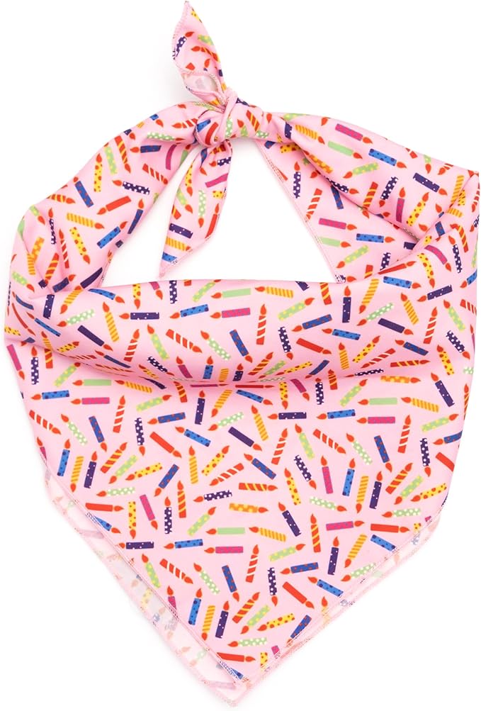 THE WORTHY DOG Classic Tie-Ir Dog Bandana – Soft Cotton Flannel Square Pet Bandana, It's My Birthday Pattern, Pink, Large