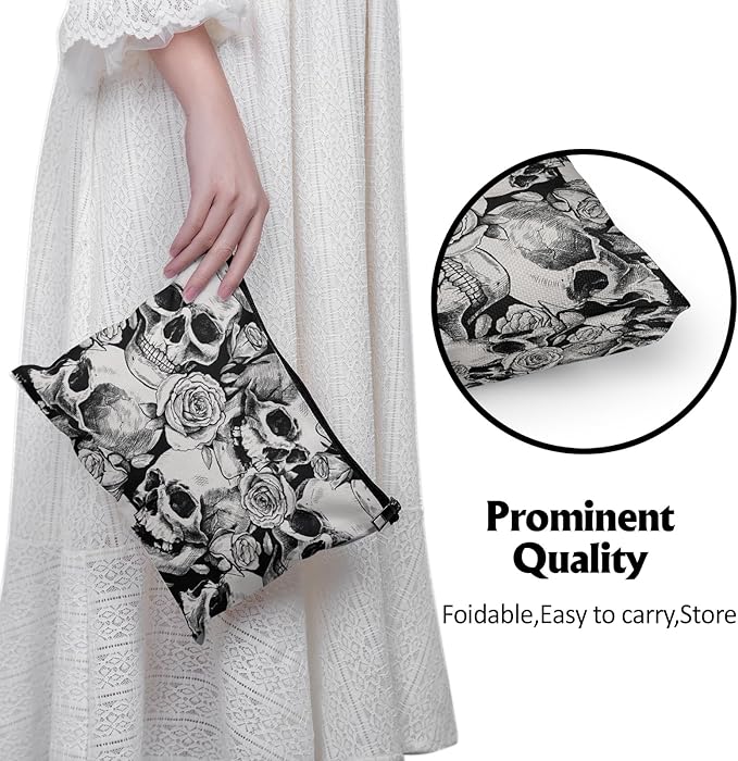 Cafl Human Skulls Makeup Bag Travel Large Death's Head Cosmetic Bag Organizer toiletry Essentials Jewelry Zipper Bag Gift For Women -10×8 inch
