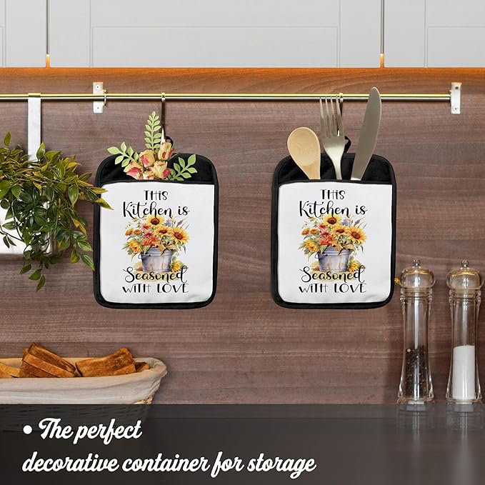 This Kitchen is Seasoned with Love Pot Holders with Pockets, Spring Floral Buckets Pot Holders Heat Resistant Oven Mitts Hot Pads for Kitchen Baking Cooking,Potholders for Kitchens