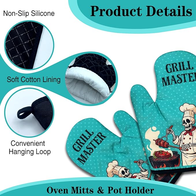 2 Pack Funny BBQ Oven Mitts for Men, Grill Master, Skeleton Heat Resistant Silicone Non-Slip Mitts, Christmas Birthday Gifts for Dad Husband, Grilling Gifts for Men Chef Friend BBQ Lovers