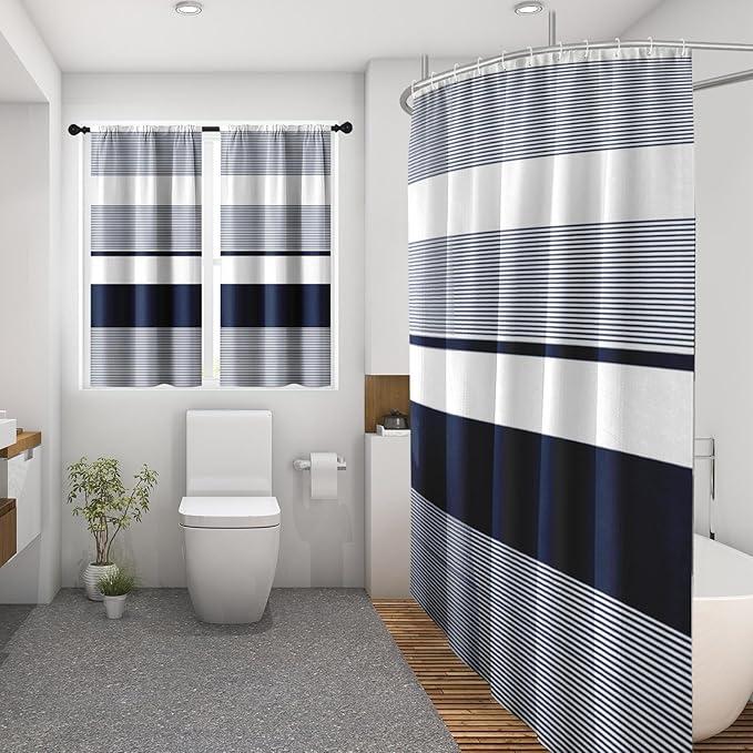 Culudea Modern Striped Boho Waffle Textured Cloth Shower Curtain Set, Navy Blue White Horizontal Stripe Bathroom Window Waterproof Shower Curtains for Bathroom Decor