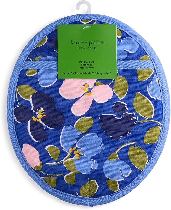 Kate Spade New York Painterly Bouquet Pot Holder 2-Pack Set, Heat Resistant, 100% Cotton with Printed Non-Slip Silicone Grip, Blue/Green/Rose, 8"X10"