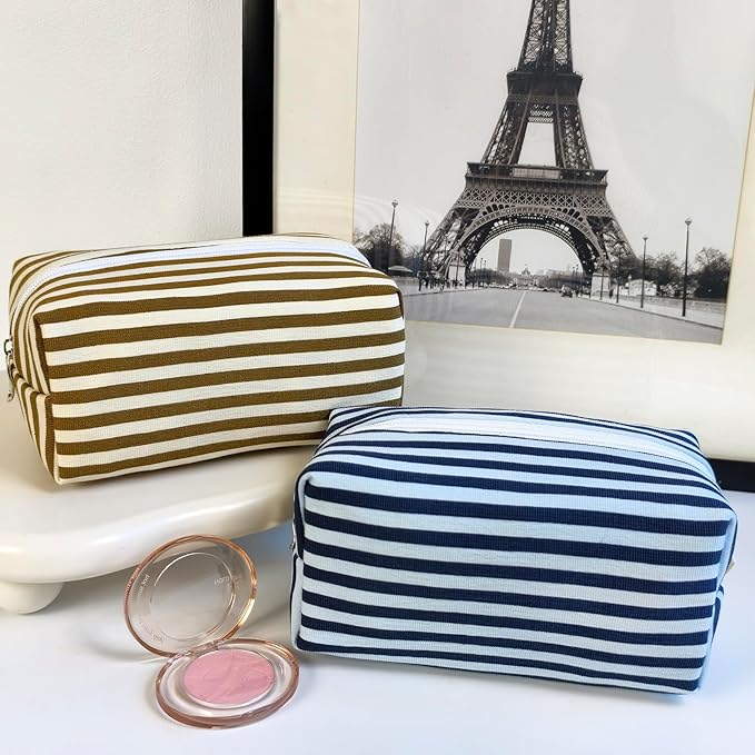 STARDW Striped Cotton Makeup Bag, Cute Cosmetic Pouch with Canvas Lining & Zipper, Travel Toiletry Bag