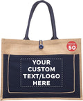 DISCOUNT PROMOS Custom Jute Tote Bags with Cotton Pocket Set of 50, Personalized Bulk Pack - Reusable, Great for Picnic, Camping, Beach, Outdoor Activities - Navy Blue