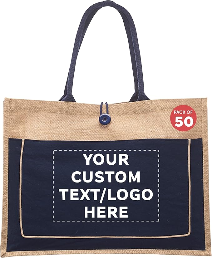 DISCOUNT PROMOS Custom Jute Tote Bags with Cotton Pocket Set of 50, Personalized Bulk Pack - Reusable, Great for Picnic, Camping, Beach, Outdoor Activities - Navy Blue