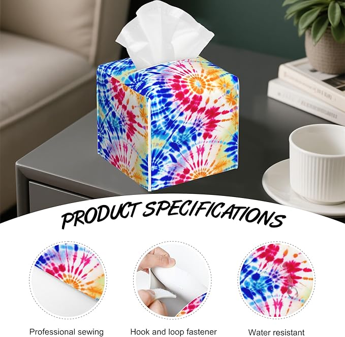 Rainbow Tie Dye Swirl Tissue Box Cover Square,Tissue Box Holder with Belt Bottom,Stylish Leather Napkin Holder for Vanity Countertop,Nightstands,Office Desk,5.2"×5.2"×5.2"