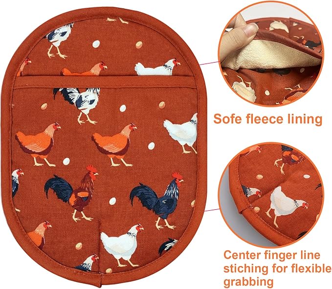 Pot Holders Set of 2 with Transparent Clear Silicone Shell and Nice Dog Flower Cotton Lining, Heat Resistant to 500 F Kitchen Oven Gloves Pot Holder for Cooking (Rooster, Potholders)