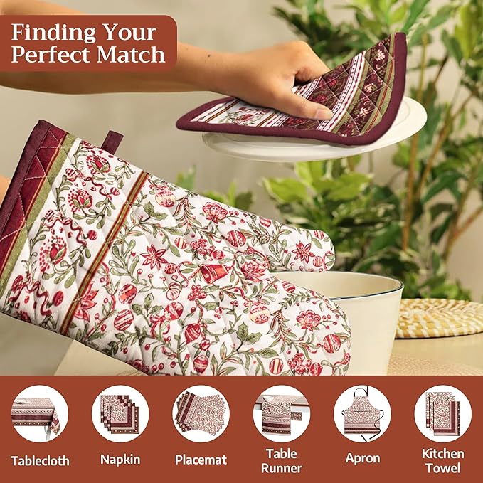 Maison d' Hermine Pot Holders 100% Cotton Heat Resistant Potholders 8" x 8" Hot Pads with Loop for Thanksgiving Christmas Decorations BBQ Cooking Handling Hot Pans (Pack of 1, Reveillon Au Jardin)