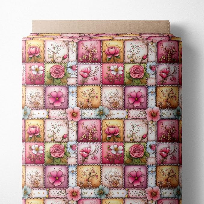 Soft Rose Garden Patchwork Cotton Fabric Panel 61 x 36.6 Inches, Floral Vintage Quilt Pattern, Pink Pastel Tones, 100% Cotton 140 GSM