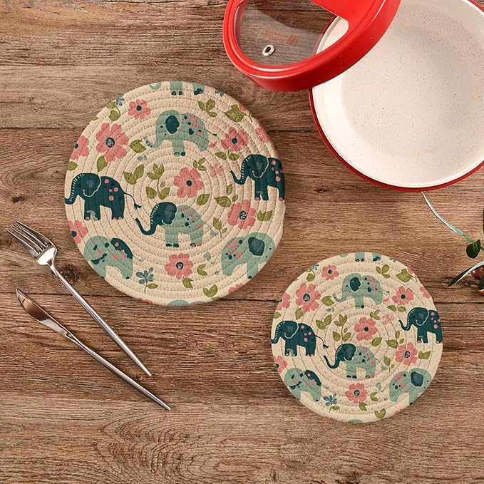 Retro Elephant Flowers Beige Trivets for Hot Dishes Pots and Pans Potholders Woven Trivet Cotton Round Large Pot Holder Decor Heat Resistant Hot Pads Mat for Table Counter Cooking Potholder Set