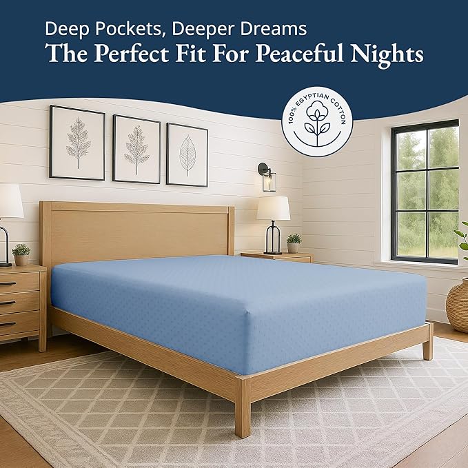 Lane Linen 100% Egyptian Cotton King Size Fitted Sheet Only (79"x81" + 16") - Elegant Sateen Weave, Ultra Soft, Breathable, Highly Durable, Deep Pockets Upto 17" - Swiss Dot French Blue