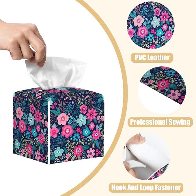 BLYKVGHQ Square Tissue Box Cover Colorful Flowers and Leaves Tissue Box Holder Facial Cube Paper Dispenser Leather Decorative Organizer Home Office Desk Decor, 5.2"x5.2"x5.2"