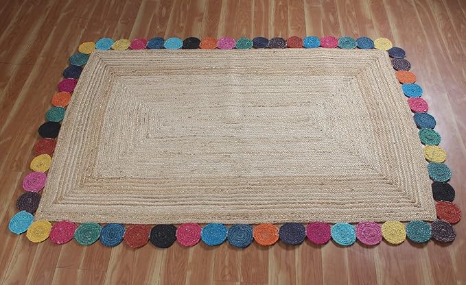 Scalloped Edge Rug, Hand Woven Natural Jute Area Rug, 5x7 Ft Beige & Multicolor Braided Sisal Kilim Rugs for Living Room, Kitchen, Entryway, Farmhouse