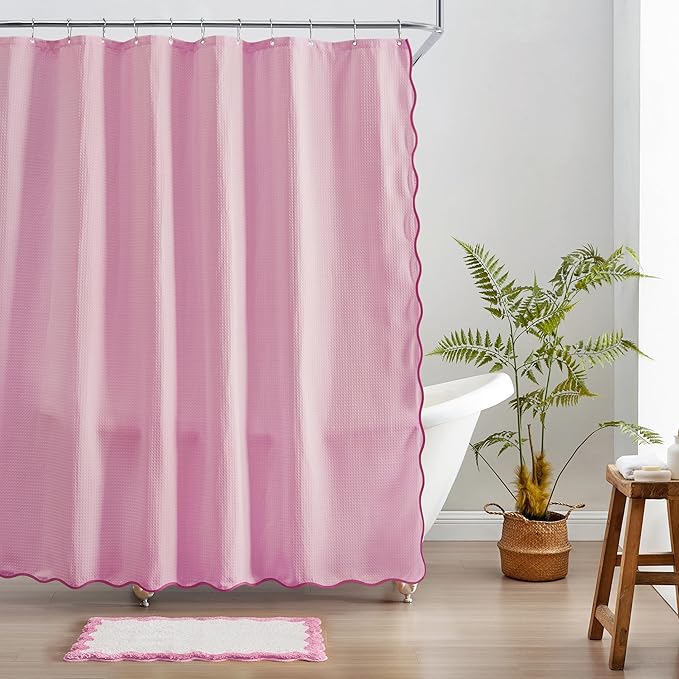 MONDAY MOOSE Scalloped Waffle Weave Shower Curtain with Rustproof Metal Grommet Holes for Bathroom, Machine Washable, Hooks Included (72x72 inch, Hot Pink/Light Pink)