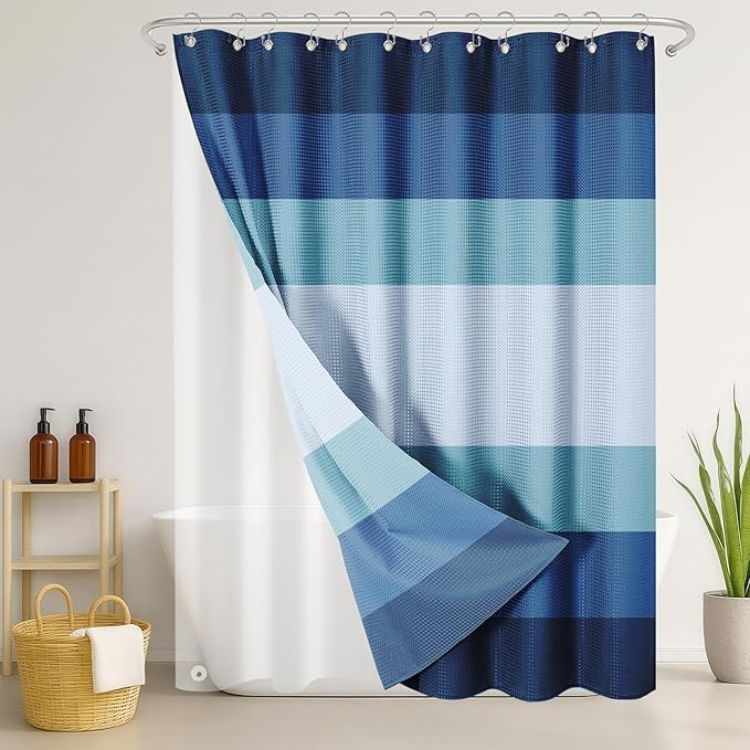 Nesphy Shower Curtain and Liner, Navy and Blue Striped 3 in 1 Shower Curtain and PEVA Liner Set with 12 Rust-Resistant Metal Hooks, Waterproof Fabric Shower Curtains for Bathroom, 72 W x 72 H