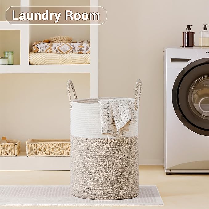 SunNewt Tall Laundry Basket with Handles, 72L Portable Dirty Clothes Hamper, Boho Cotton Rope Storage Bin for Blankets Kids Toys Gifts, Large Organizer for Baby Nursery Bedroom Bathroom, Brown
